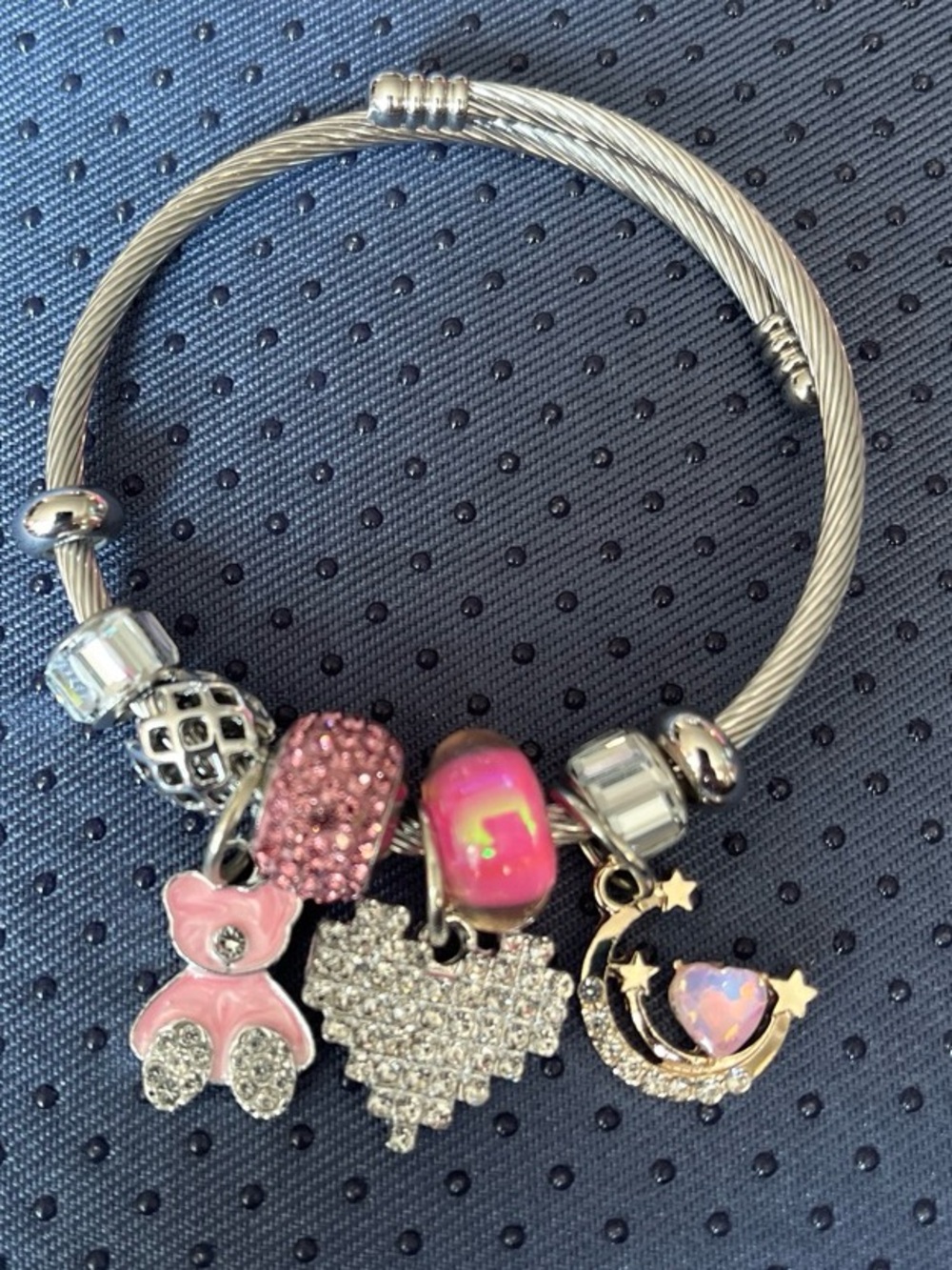 Silver-Tone Kids Charm Bracelet with Pink Heart & Moon Charms